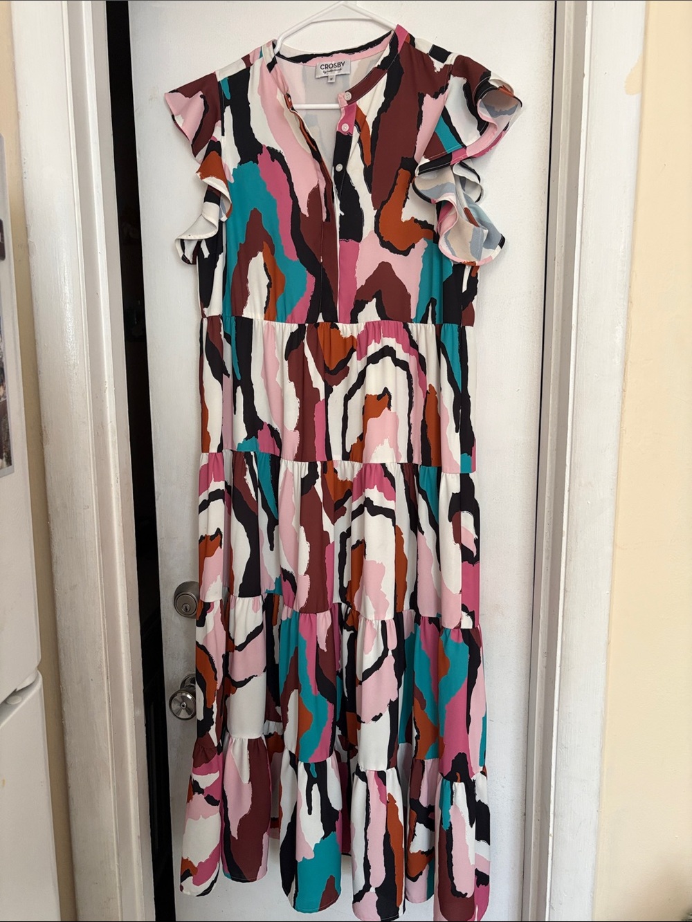 CROSBY by Mollie Burch Abstract Multicolor Tiered Maxi Dress, size M.